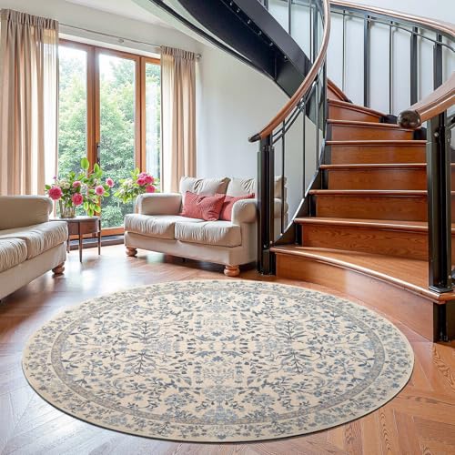 jinchan 6ft Washable Round Area Rug, Vintage Floral, Blue/Cream | Soft Non-Slip Low-Pile, Circle Carpet for Entryway Bedroom Living Room Dining Room Office Foyer - color: Blue/Cream, size: 6' (Round)