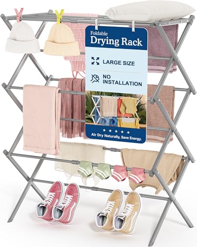 Oversize 3-Tier Clothes Drying Rack, No Install, Grey | Expandable Design, Non-slip feet, Tool-free Setup, Rust Prevention, Sturdy Construction, 14.9" D x 29.3" W, Holds 24lbs - color: Gray