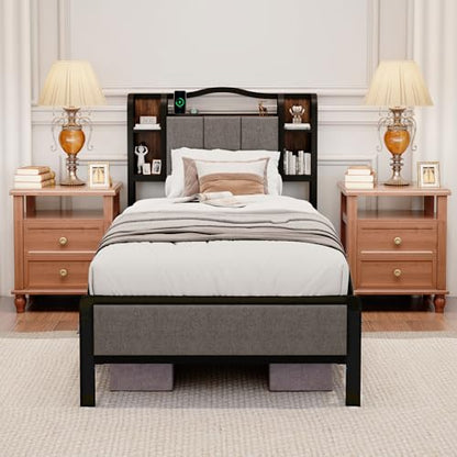 Twin Size Bed Frame with LED Lights & Charging Station | Upholstered Headboard & Footboard, No Box Spring Needed, Noise-Free Easy Assembly, Large Under Bed Storage - size: Twin