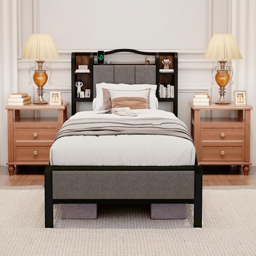 Twin XL Bed Frame with LED Lights & Charging Station | Upholstered Headboard & Footboard, No Box Spring Needed, Noise-Free Easy Assembly, Large Under Bed Storage - size: Twin XL