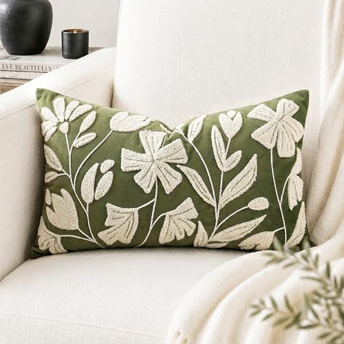 Decorative Lumbar Pillow Cover 12x20 Inch, Olive Green Floral Tufted Velvet Accent Pillow Case for Sofa Bed Living Room, Cover Only - color: Olive Green, size: 20" x 12" (Pack of 1)