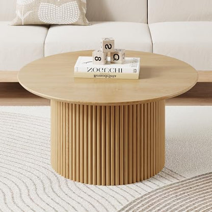 31.5" Round Coffee Table, Modern Fluted Accent Center Table with Metal Frame, Wooden Circle Coffee Tables for Living Room Small Space or Office (Natural) - color: Natural 31.5" Round