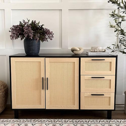 PHI VILLA Black Rattan Cabinet with Doors, Buffet Sideboard Cabinet with Drawers, 2 Door Storage Cabinets - color: Rattan 2