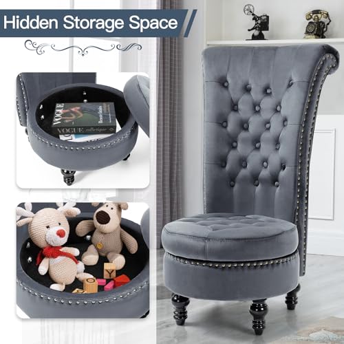 AVAWING High Back Velvet Tufted Throne Chairs with Storage Set of 2, Grey | Tufted Nailhead Design; Hidden Storage; Soft Velvet; Sturdy Wood Legs 330Lbs; High Density Foam; Ergonomic Back - color: Grey