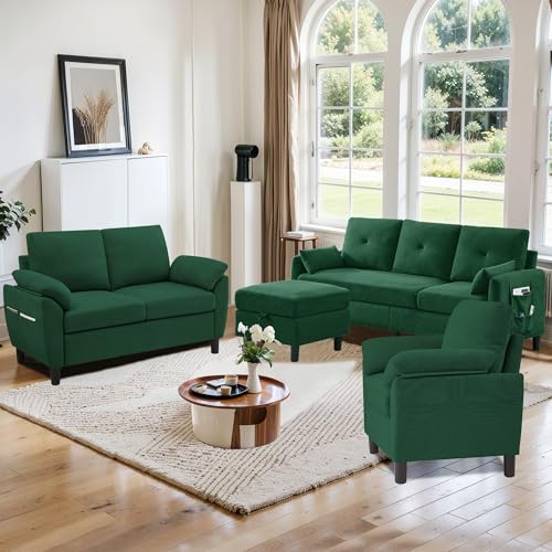 4 PCS Living Room Furniture Set, 3 Seat Couch & Loveseat & Armchair with Storage Ottoman, Modern Couch Set with Side Pockets, Couches for Living Room (3+2+1 Seat/Green) - color: Green, size: sofa+loveseat+Chair