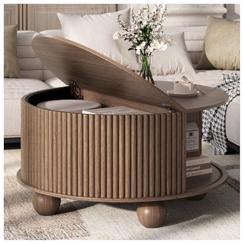 SULIVES Round Coffee Table with Storage, Unique Circle Drum Table with Sliding Door,Fluted Accent Center Table with Bun Feet for Living Room, Walnut - color: Walnut_round-bun Feet