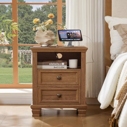 Farmhouse Nightstand with Charging Station, Brown | End Tables Bedroom with 2 Drawers, Traditional Night Stand with Open Shelf & Thickened Top & Square Wooden Legs - color: Brown, size: 18"D x 18"W x 25"H (2 Drawers)