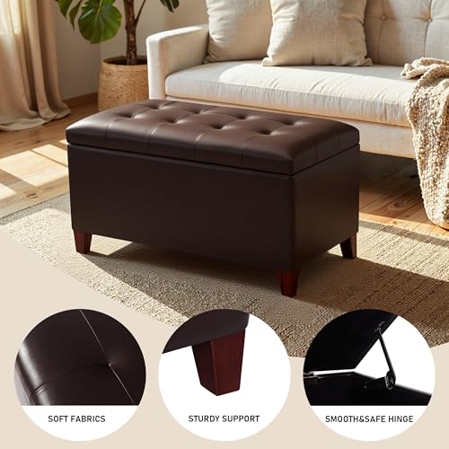 Storage Ottoman Bench, 33 Inches Faux Leather Rectangle Tufted Foot Stool for End Foot of Bed, Bedroom, Living Room, Brown - color: Brown Faux Leather