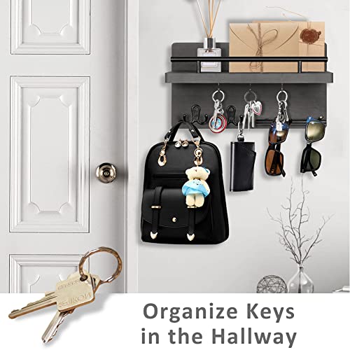 Wooden Key Holder Wall Mount With 5 Hooks For Entryway, Mudroom, Hallway | 2-Tier Design, Supports Up To 20 Lbs, Key Holder with Sturdy Black Metal Rail for Mail Plant Wallet Coat, Homeowners Renters - color: Gray