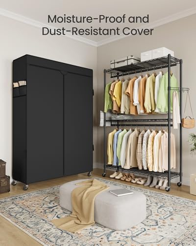 SONGMICS Clothing Rack, Heavy-Duty Garment Rack, Adjustable Storage Shelves | Freestanding Portable Wardrobe Closet, Hanging Rails, Black, DALTEN Collection ULGR415B01 - size: 43.3"W x 78.3"H, style: With Fabric Cover