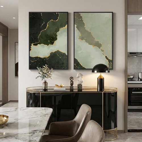 Large Framed Green Abstract Wall Art Set of 2, Modern Canvas Prints Paintings for Walls, Minimalist Sage Green and Gold Abstract Pictures for Living Room Dining Bedroom Hallway Wall Decor 24x36 In - color: Sage Green Block, size: 24" W x 36" H x 2Pcs