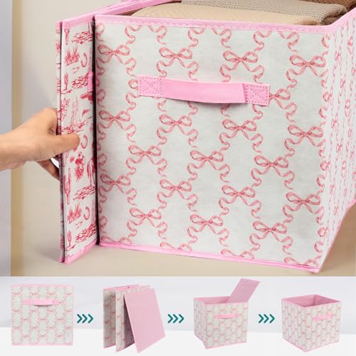 6 Pcs Pink Bow Cube Storage Bins 12.5 Inch Storage Basket with Handle, Cute Girls Organizer Basket, Collapsible Fabric Box for Classroom Bedrooms Office Home Decoration (Bow) - color: Bow grid