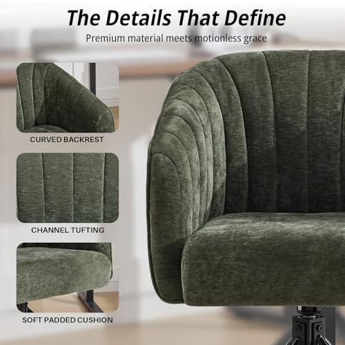 Swivel Desk Chair No Wheels Modern Upholstered Vanity Chairs Stationary | Comfy Dining Chairs with Mid Back Computer Task Chair Swivel Accent Arm-Chair for Home Office/Vanity/Bedroom, Green - color: Green