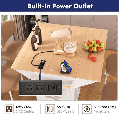 Rolling Kitchen Island with 2 Drop Leaf and Power Outlet, Island Table on Wheels with Towel Rack and Spice Rack, Kitchen Cart with Storage Cabinet and Drawers (White) - color: White