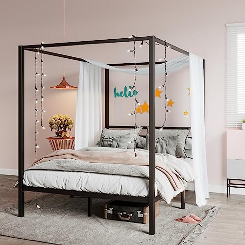 SHA CERLIN Queen Size Canopy Bed Frame with Heavy Duty Metal Slats, Black | Modern Minimalist Design Four-Poster, Under-Bed Storage Space, Mattress Foundation, No Box Spring Needed, Easy Assembly - color: Black, size: Queen