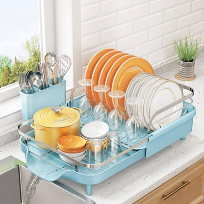 SNTD Expandable Dish Drying Rack for Kitchen Counter, 15.2-22.1 in, Blue | Rust-Resistant Stainless Steel, Protective Side Rails, Self-Draining Drainboard, Removable Utensil Holder - color: Blue