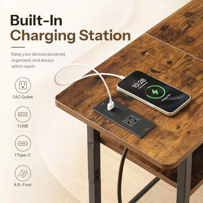 HOOBRO Side Table, Narrow End Table with Shelf and Charging Station, 3-Tier Bedside Tables with Wide Storage Tabletop for for Small Spaces, Living Room, Bedroom, Rustic Brown and Black BF366UBZ01 - color: Rustic Brown + Black