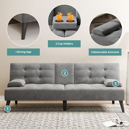 64" Futon Sofa Bed, Convertible Loveseat with 2 Cup Holders, Small Couch with 3 Adjustable Angles， Removable Armrests, Sleeper Sofa for Small Space, Dark Grey - color: Dark Grey