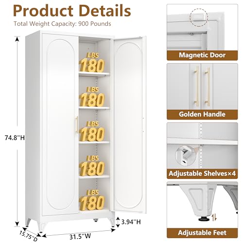 Polup 75" Tall Metal Kitchen Pantry Storage Cabinet with Doors and Shelves | White Freestanding Cupboard, 5-Tier Heavy Duty, 4 Adjustable Shelving, Gold Handles, for Garage, Dining Living Room, Office - color: White, size: 75"H with Zero Drawers