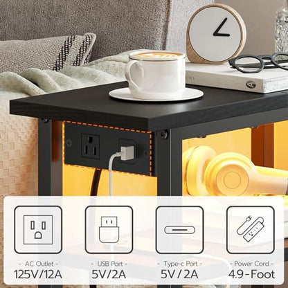 HOOBRO Narrow Side Table with Charging Station and LED Light, Small End Table with Storage, Skinny Nightstand with USB Port, Slim Bedside Table for Small Spaces, Living Room, Black BB242UDBZ01 - color: Black