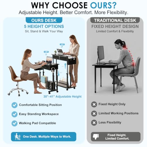 Small Standing Desk with Storage, Height Adjustable Sit Stand Desk with Drawers, Mobile Office Desk with Wheels and Side Pocket, Adjustable Laptop Workstation for Home Office - color: Black
