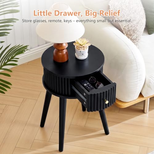 Round Fluted Side Table Set of 2, Small End Table with Fluted Drawer, Mid-Century Modern Wooden Bedside Table Round Nightstand Small Sofa Side Table for Living Room(Black) - color: Black, size: 15.7"D x 15.7"W x 23.6"H