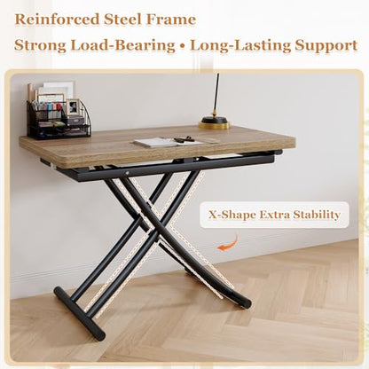 Adjustable Height Coffee Table, Folding Dining Table, Light Wood | Convertible lift top table for use as a coffee table, dining table, home office desk or vanity - color: Light Wood & Black Legs