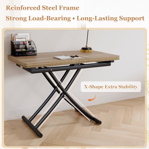 Adjustable Height Coffee Table, Folding Dining Table, Light Wood | Convertible lift top table for use as a coffee table, dining table, home office desk or vanity - color: Light Wood & Black Legs
