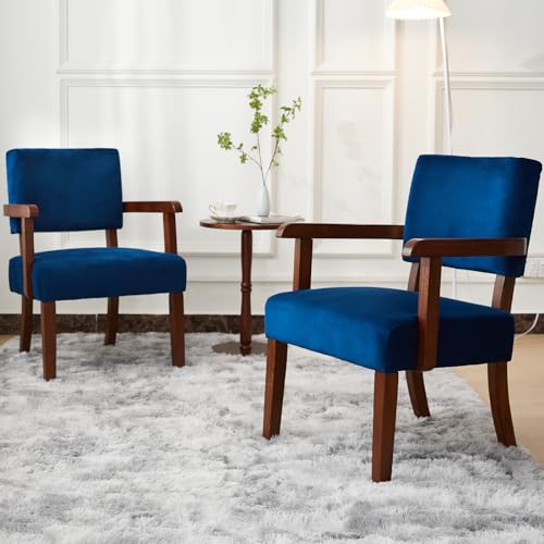 Velvet Accent Chairs Set of 2, 2 Solid Wood Armchairs with Table | Upholstered Living Room Chair, Comfy Reading Chair for Bedroom, Waiting Room, Home Office, Easy Assembly, Blue - color: Velvet Blue, size: Set of 2 with table