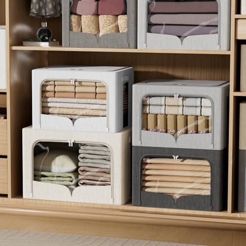 FHSQX 3 Pack Clothes Storage Bins - Foldable Metal Frame Storage Box - Stackable Linen Fabric Container Organizer Set with Carrying Handles and Clear Window (Beige, 15.7x11.8x7.8inch(22L)) - color: Beige, size: 15.7x11.8x7.8inch(22L)