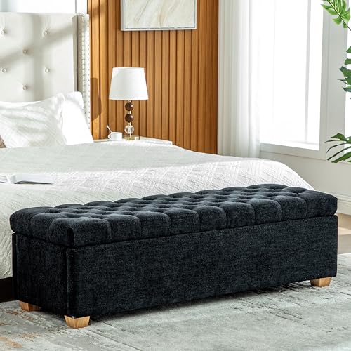 60.2" Storage Ottoman Bench for Bedroom Bed End,Chenille Bench with Seating,Button Tufted Ottomans with Storage for Living Room,Bedside,Entryway (Chenille Black, 60.2") - color: Chenille Black, size: 60.2"