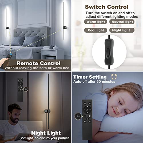 GOODATE Wall Sconces Set of Two with Remote, Stepless Colors 3000K-6500K & Stepless Dimming, Hardwire or Plug-in, 180° Rotate, LED Black Plug in Wall Sconces with Timer & Night Light, 39.4 Inches - color: Black, Stepless Color Temperature: 3000K-6500K, si
