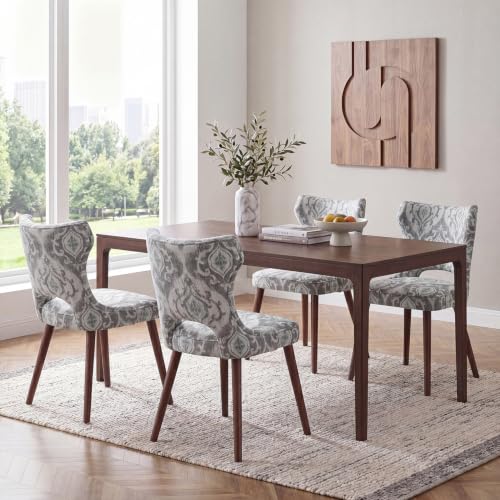Wooden Dining Chairs Set of 4, Mid Century Dining Room Chairs with Solid Wood Legs, Upholstered Fabric Kitchen Chairs with Ergonomic Curved Backrest for Kitchen Dining Room, Jacquard - color: Jacquard, size: Set of 4