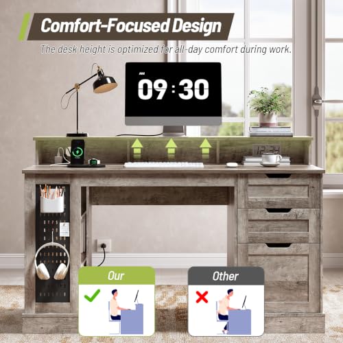 55-Inch Farmhouse Executive Desk with 2 Drawers and File Cabinet, Computer Desk with 3-Tier Storage Shelves, Home Office Desk with Charging Station, Pegboard and Monitor Shelf, Gray - color: Grey