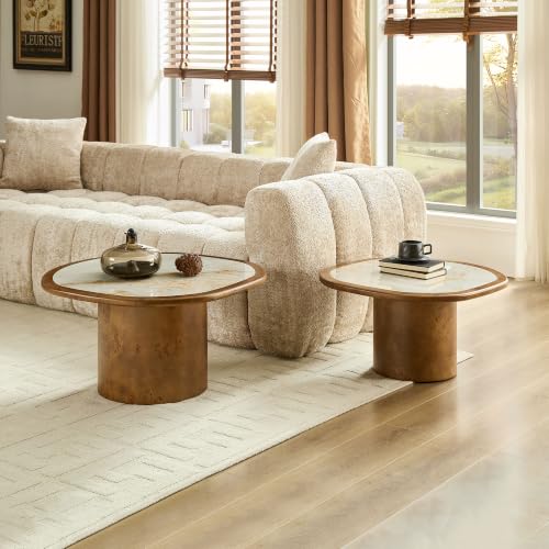 Nesting Coffee Table Set of 2 with Sintered Tabletop, Walnut | 29.13" & 23.38" Modern Irregular Kitchen Table, Burl Wood Veneer, Sturdy MDF Pedestal Base for living Room, Easy Assembly - color: 29.13" & 23.38", Walnut
