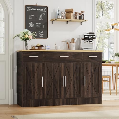 Shintenchi Buffet Cabinet with Storage,53.4" Large Kitchen Storage Cabinet with 3 Drawers and 4 Doors,Wood Farmhouse Buffet Sideboard with Adjustable Shelf for Kitchen Living Room, Brown - color: Deep Brown