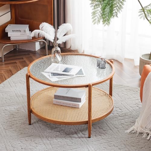 VINGLI 30" Rattan Coffee Table, Round Water-Wave Glass Metal Center Table, Modern Coffee Table with 2-Tier Storage, Farmhouse Circular Coffee Tables for Living Room and Small Space, Natural Vibe | Water-Wave Glass Metal Center Table, Boho Coffee Table wit