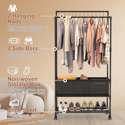 Double Rods Clothes Rack, Heavy Duty Metal Garment Rack Metal Clothing Racks with Shelves Lockable Wheels Portable Storage Bag Height Adjustable for Bedroom Laundry Living Room - size: 30.31"D x 13.58"W x 57.09"H