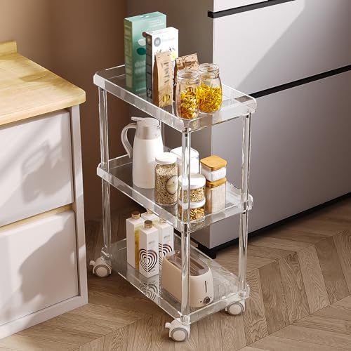 Aquiver Acrylic Slim Storage Cart - 3 Tier Utility Rolling Cart - for Kitchen, Bathroom, Living Room, Laundry, Narrow Places - 15.6'' L x 8.7'' W x 23.6'' H