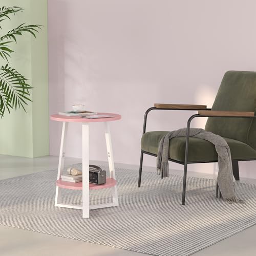 sthmec Small Round End Table, 2 Tier Side Table with Storage Shlef,Coffee Table Wooden Tabletop & Metal Frame,Round Accent Table Small Nightstands Couch Tables for Bedroom,Livingroom,Pink - color: Pink