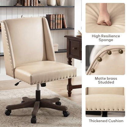 Upholstered Armless Office Chair Faux Leather Swivel Home Desk Office Chair | Modern Comfy Boho Office Chair with Wheels Adjustable Desk Chair no Arms for Sewing Women Farmhouse Study Studio PU Beige - color: Pu Beige