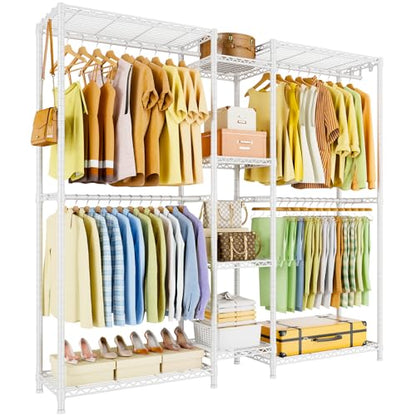 E4 Clothes Rack, Heavy-Duty Garment Rack, Metal Freestanding Clothing Organization Storage System Can Be L-shaped with Shelves and Hangers, Max Load 962lbs, 71.6" W x 14.5" D x 79.3" H, White | Metal Freestanding Clothing Organization Storage System with