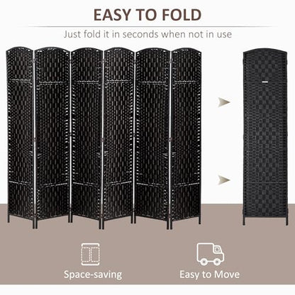 Folding Room Divider, 6Ft Tall Privacy Screen, Hand-Woven Wicker Style Freestanding Wall Partition for Home Office Bedroom, No Assembly Required - color: Black, size: 6 Panel