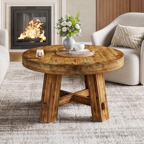 31.5-Inch Round Coffee Table, Solid Wood Center Table with Thickened Tabletop for Living Room, Apartment, Small Space (Rustic Brown) - color: Rustic Brown