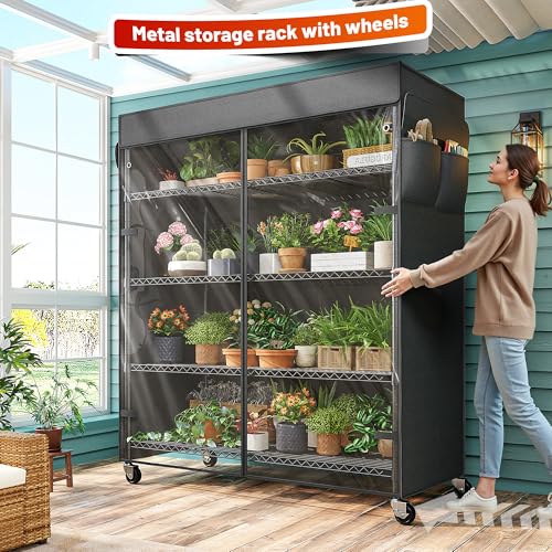REIBII 45"W 5-Tier Storage Shelves with Cover & Wheels, 1100 lbs for pantry | 17.7''Dx72.8''H, UV/Waterproof zippered cover, Side pockets, Wheels lockable&removable, Height adjustable, Tool-free, Garage - size: 45" W x 17.72" D x 72.83" H