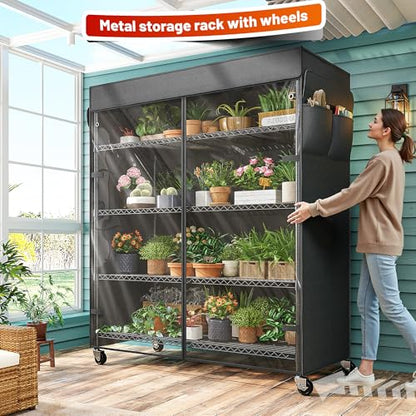 REIBII 45"W 5-Tier Storage Shelves with Cover & Wheels, 1100 lbs for pantry | 17.7''Dx72.8''H, UV/Waterproof zippered cover, Side pockets, Wheels lockable&removable, Height adjustable, Tool-free, Garage - size: 45" W x 17.72" D x 72.83" H