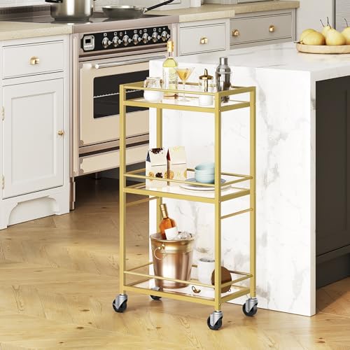 MAHANCRIS Bar Cart for The Home, 3-Tier Drink Cart on Wheels, Home Bar Serving Cart, Mini Bar Cart for Small Space, Kitchen, Dining Room, Gold RCJ40B01 - style: Stylish