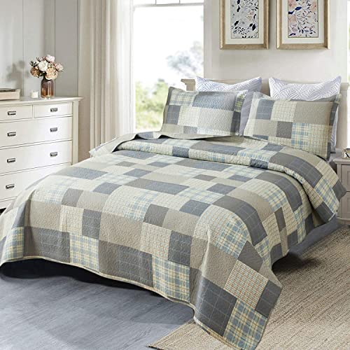 Ycosy Quilt Set King Size Bedspread Coverlet Plaid Patchwork Bedding Modern Mens Quilts Soft Lightweight Quilt Yellow Grey Plaid Coverlet Reversible Quilt Bedspread Home Bedding Collection - color: Soot Yellow, size: King