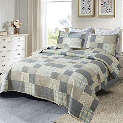 Ycosy Quilt Set King Size Bedspread Coverlet Plaid Patchwork Bedding Modern Mens Quilts Soft Lightweight Quilt Yellow Grey Plaid Coverlet Reversible Quilt Bedspread Home Bedding Collection - color: Soot Yellow, size: King