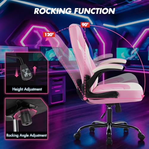 Sweetcrispy Computer Video Game Desk Chair: Ergonomic Comfy Lumbar Support, PU Leather with Flip-up Armrest, Height Adjustable and 360° Swivel, for Adults, Pink - color: Pink